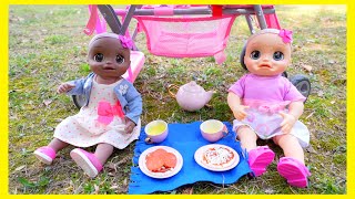 Baby Alive baby doll twins Feeding at the park and stroller walk
