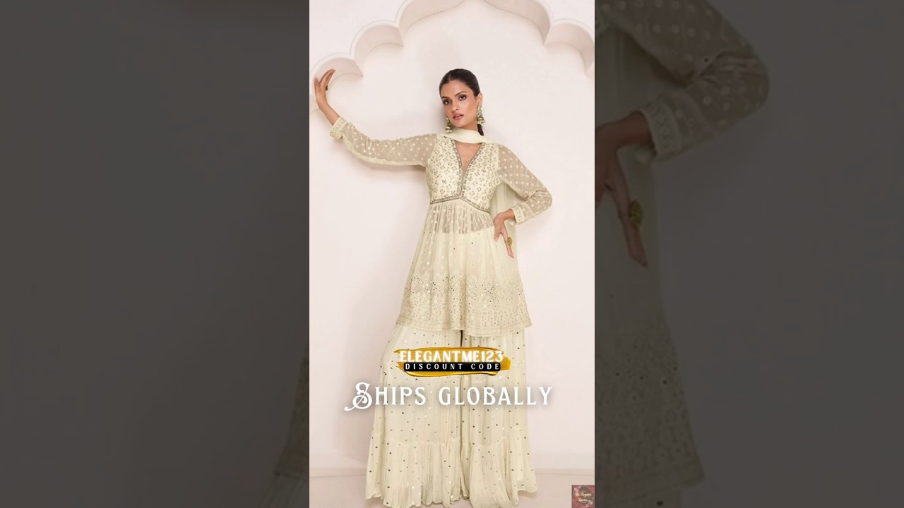 Off White Embroidered Georgette Sharara Set🏮Discount Code-ElegantMe123🏮Link»Description/bio