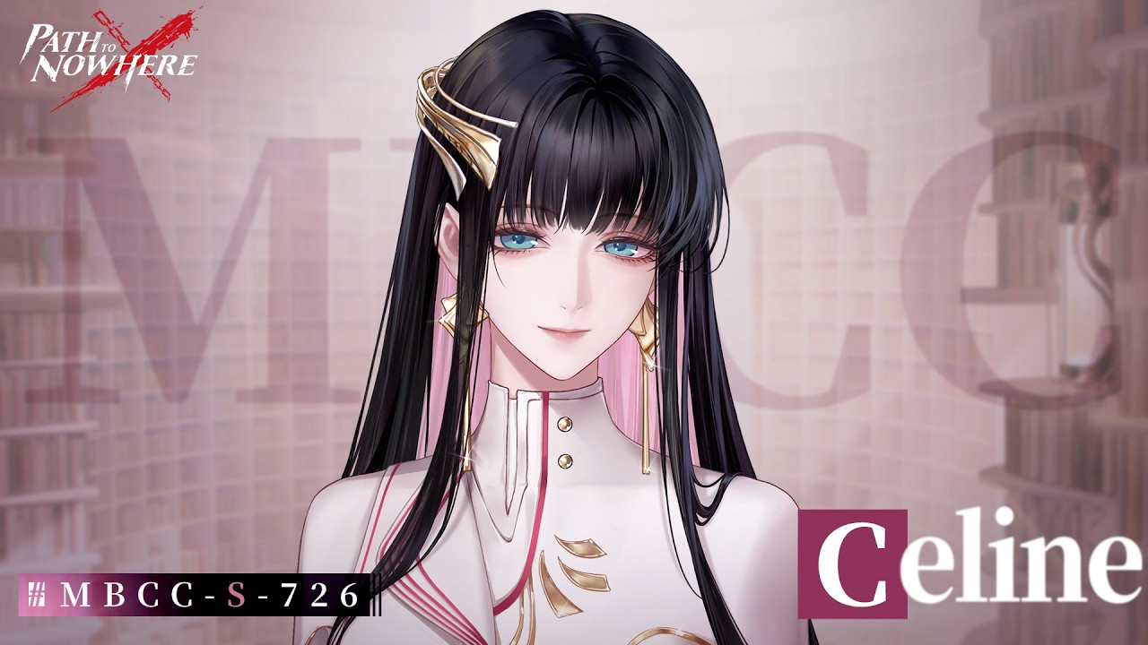Frame from the official Path to Nowhere character PV titled Sinner MBCC-S-726 Celine, published July 28, 2026 at 21:00 UTC-7 and tagged with the Pale Blue Firmament hashtag, 75 seconds long.