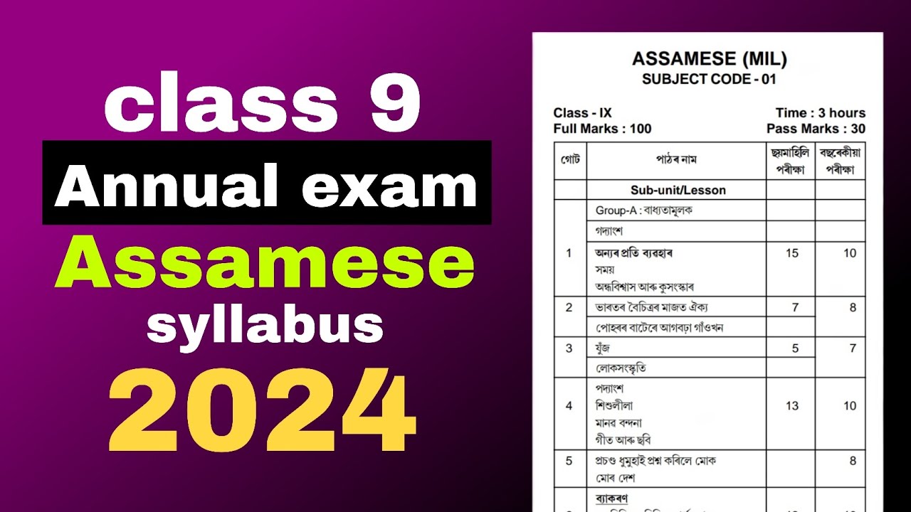 class 9 annual exam Assamese syllabus 2024 seba board