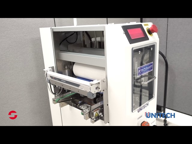 Introduction to the Unitech UC-250M-CV PCB Cleaner. Multi-stage in-line bare PCB surface cleaner. Brush/vacuum, rubber roller/sticky paper, & Ionized air blower.