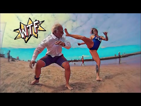 Vovô jogando capoeira com gata na praia - Old Man Capoeira Prank