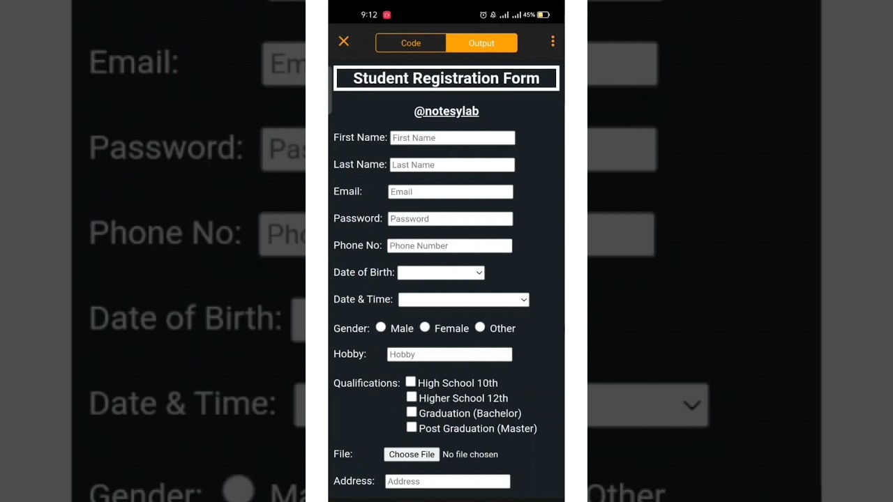 how to create html student registration form | html form