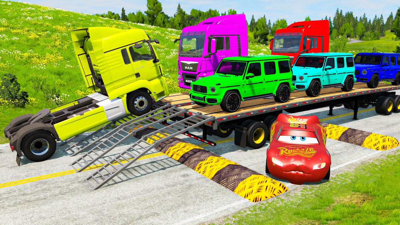 TRANSPORTING PIXAR CARS & FRUITS WITH COLORED & JOHN DEERE vs CLAAS vs TRACTORS - BeamNG.drive #983