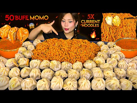 50 BUFFALO MOMO🥟😱 | 5X DEADLY SPICY CURRENT NOODLES🔥 CHALLENGE🌶️ WITH SPICY ACHAR |