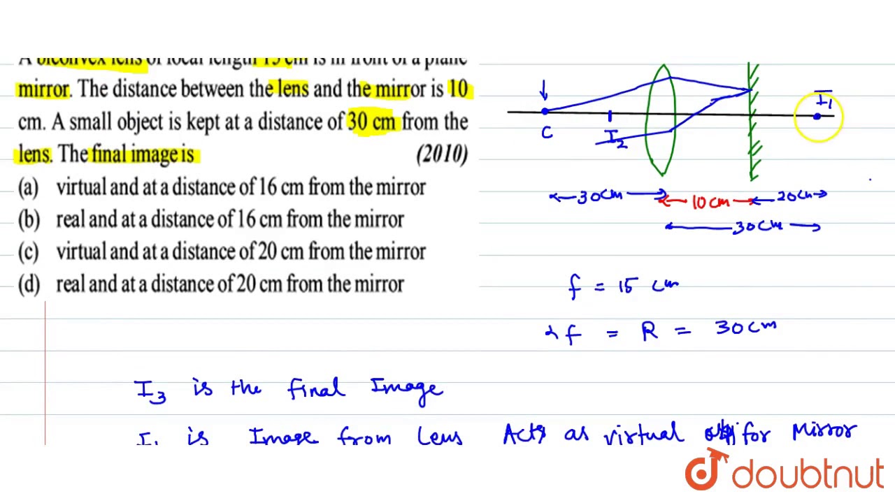 Watch video A biconvex lens of focal length 15 cm is in front of a plane mirror. The distance Now A biconvex lens of focal length 15 cm is in front of a plane mirror. The distance