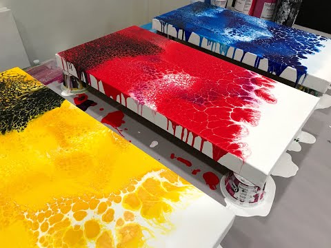 Acrylic Pour Painting: Simple Primary Colors Triptych