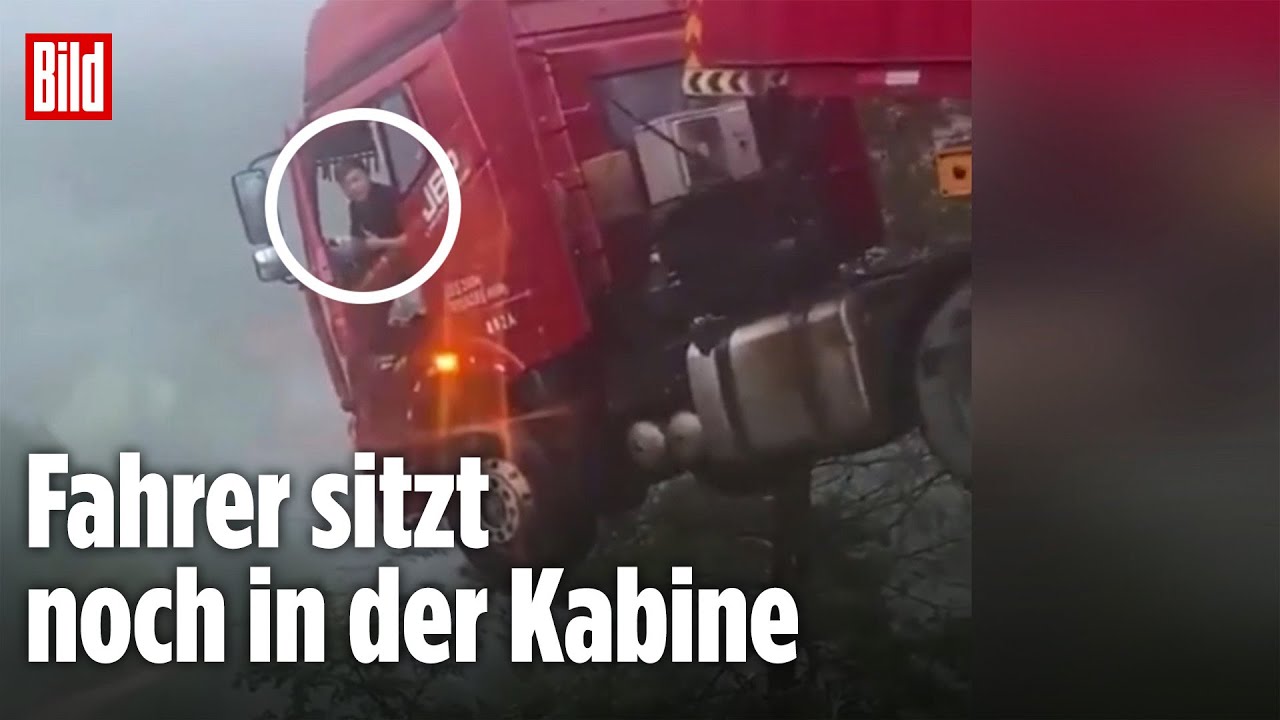 China: Lkw hängt am Abgrund
