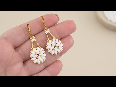 SuperDuo Seed Bead Earrings Tutorial Easy | White & Gold Earring Design with Beads #beadedearrings 🤍