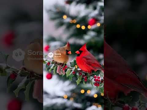 christmas cardinals #wintertree #snow #xmas #christmaslights