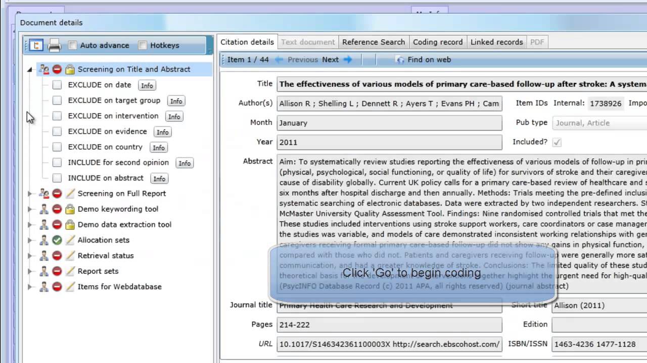 EPPI-Reviewer 4 'Coding only' interface