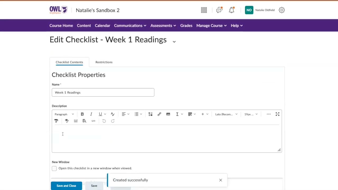 Brightspace Checklists Tool