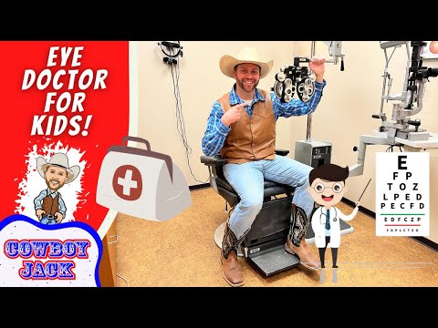 Cowboy-themed eye doctor for kids ad featuring a man in a chair with ophthalmology equipment and a cartoon doctor—fun, kid-friendly medical scene.