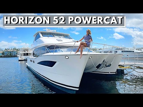 , title : 'HORIZON PC52 Power Catamaran Sky Lounge vs Open Flybridge Yacht Tour / Liveaboard Boat'