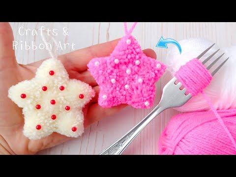 Super Easy Pom Pom Star Making Idea with Fork -DIY Woolen Crafts -Amazing Star Making Idea with Wool