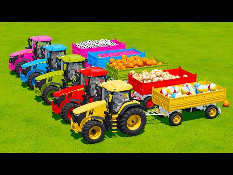 LOAD & TRANSPORT BEACHBALLS, EGGS, BASKETBALLS & SOCCER BALLS WITH JOHN DERRE TRACTORS - FS22