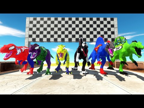 x3 Trex:Spiderman,Hulk,Wolverine VS x3 Spino:Venom,Superman,Ben 10 - Animal Revolt Battle Simulator