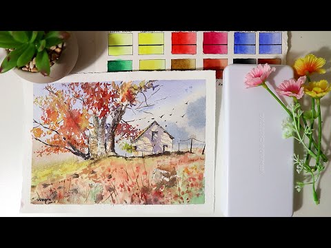 Daler Rowney Aquafine Watercolor Openbox review and fall watercolor painting Demo