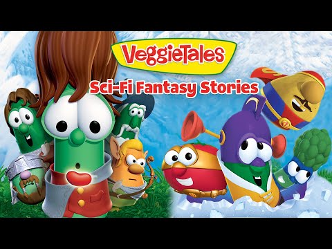 VeggieTales Sci-Fi Fantasy Stories cover with colorful animated vegetables ready for space adventures.
