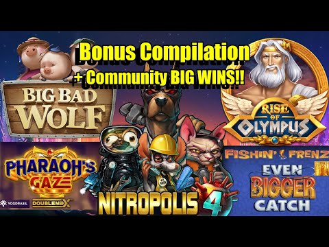 Thumbnail for video: Bonus Compilation + Community BIG WINS!!   Nitropolis4, Fishin Frenzy Even Bigger Catch & Much More