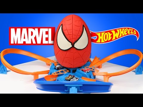 Spiderman Play-Doh Surprise Egg with Marvel Hot Wheels Cars Race | KidCity Video