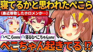 考えてる最中に無言になったぺこらに寝てるか確認するころねｗ【ホロライブ切り抜き/宝鐘マリン/兎田ぺこら/戌神ころね】
