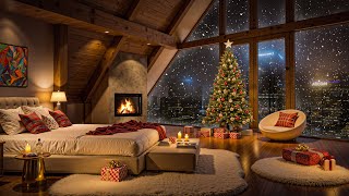 🎶 Winter Jazz Ambience 🔥❄️ Cozy Bedroom Fireplace & Snowfall Outside the Window for Relaxation