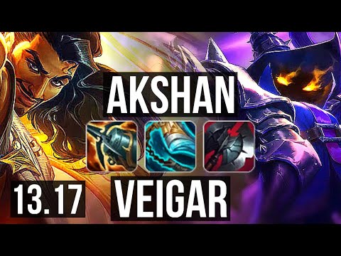 AKSHAN vs VEIGAR (MID) | 14/0/5, Legendary, 7 solo kills, 600+ games | NA Master | 13.17