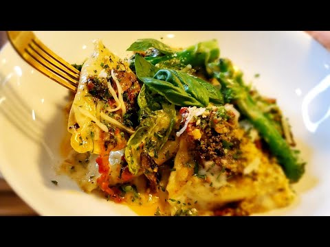Spinach Ravioli With Broccoletti & Mushrooms In A Supreme Sauce