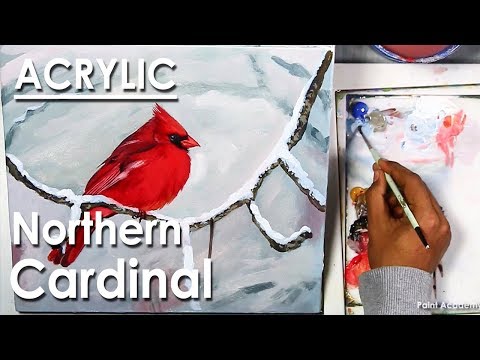 Winter Northern Cardinal Acrylic Painting step by step