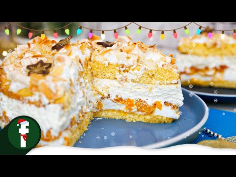 Leichter Himmelskuchen mit Mandarinen, Sahne, Baiser und Mandeln