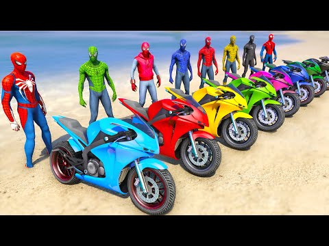SPIDERMAN TEAM Motorbikes RACING Challenge on Beach Mega Ramp Spiderman Army Motos Race - GTA 5