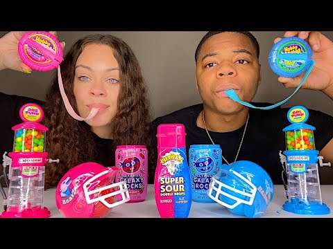ASMR PINK VS BLUE FOOD, GALAXY ROCKS, SUPER SOUR DROPS, GAS PUMP CANDY, HUBBA BUBBA GUM CANDY RACE