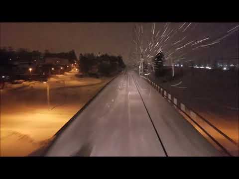 Train Drivers View 2018-01-17 02:50  Sundsvall, Posttrain arriving in snowfall