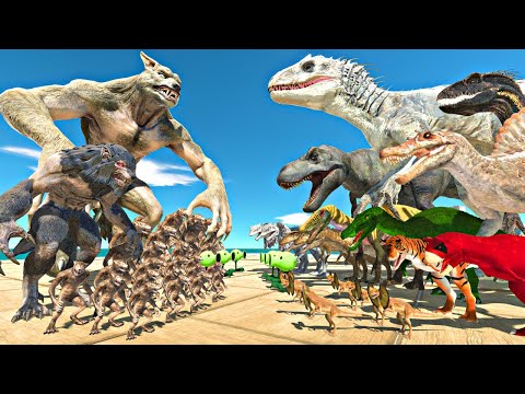 Dinosaurs Fights Werewolf Team | Indominus Rex vs Giant Werewolf - Animal Revolt Battle Simulator