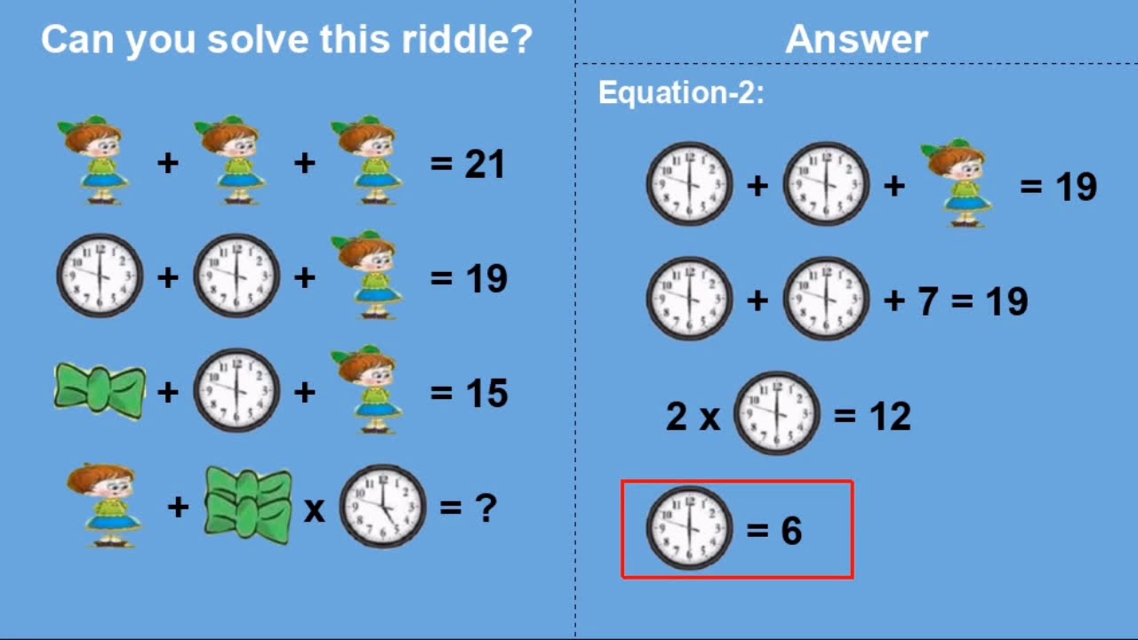 Clock Girl Ribbon Eye Test Equation Puzzle Riddle and Brain Teaser