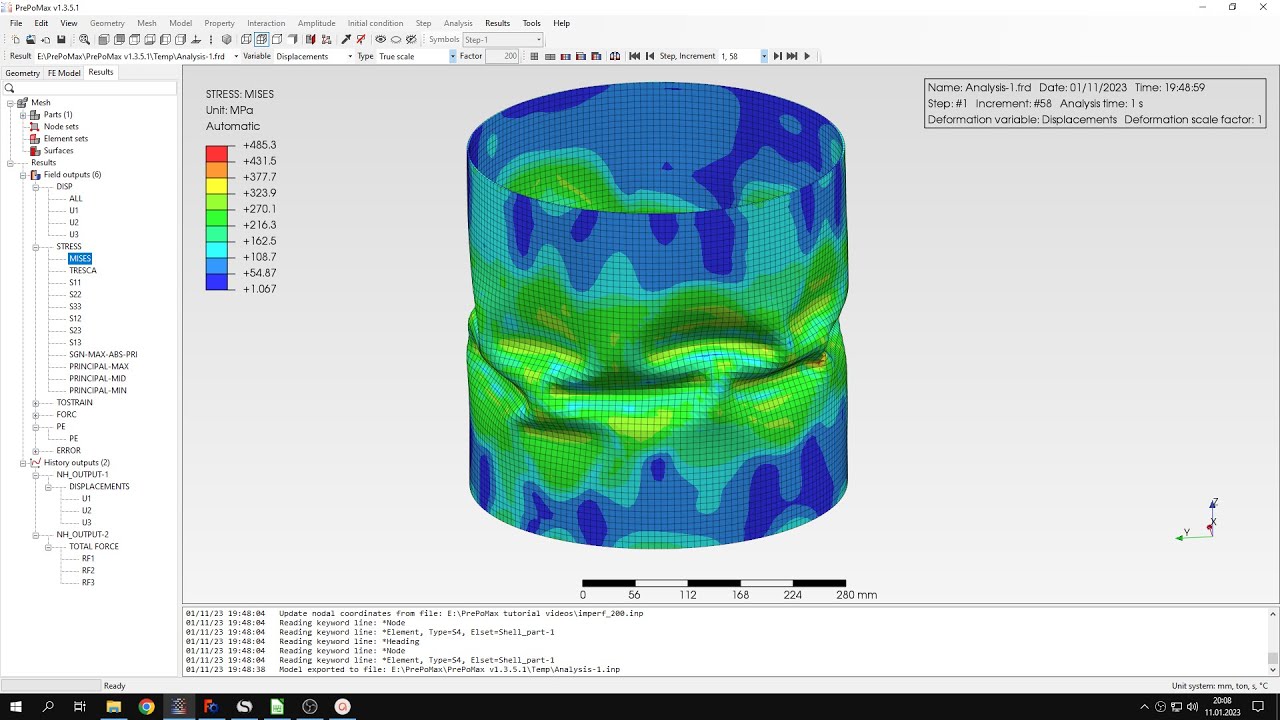PrePoMax (CalculiX FEA) - Tutorial 30 - Nonlinear buckling of a cylindrical shell
