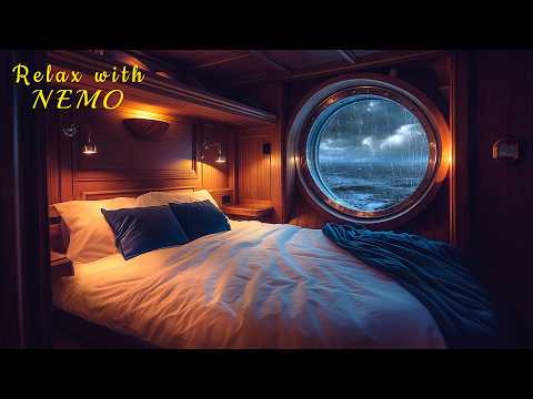 Cozy Boat Bedroom Ambience / Thunderstorm with Heavy Rain and Sea Waves Sounds for Sleep and Relax