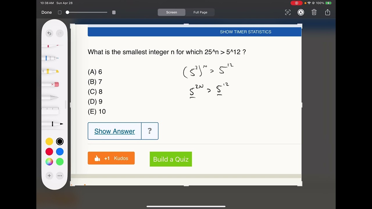 100258- What is the smallest integer n for which 25^n is greater than 5^12?