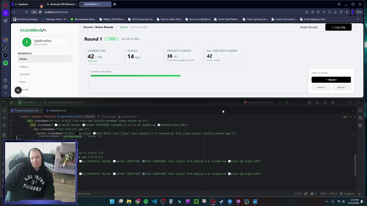 Working on CatchBlock, a dashboard tracker for #100DaysOfCode