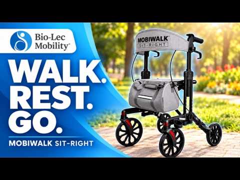 MobiWalk® SIT-RIGHT Rollator Walker with Adjustable Seat & Handles | Indoor & Outdoor Rollator | Extra Wide Padded Backrest | 8” Wheels with Brakes & Parking Lock