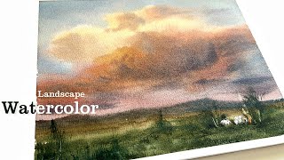 Use only a calligraphy brush to paint a watercolor landscape | Fire Cloud in the evening