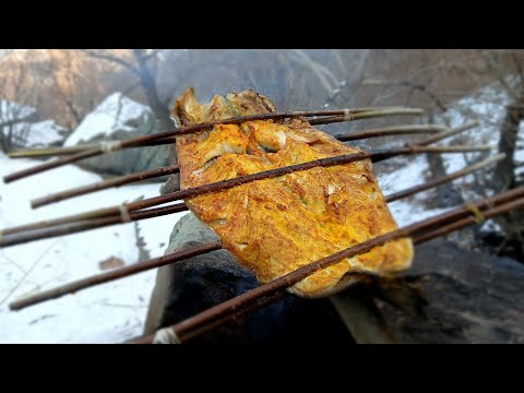 Primitive FISH Grilling on Wooden Sticks in Snow! 🔥 Winter Camping