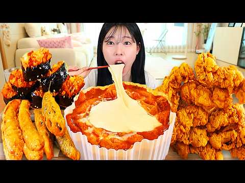 ASMR MUKBANG| Cheese Tteokbokki, Fired Chicken, Spicy Cheese Kimbap eating
