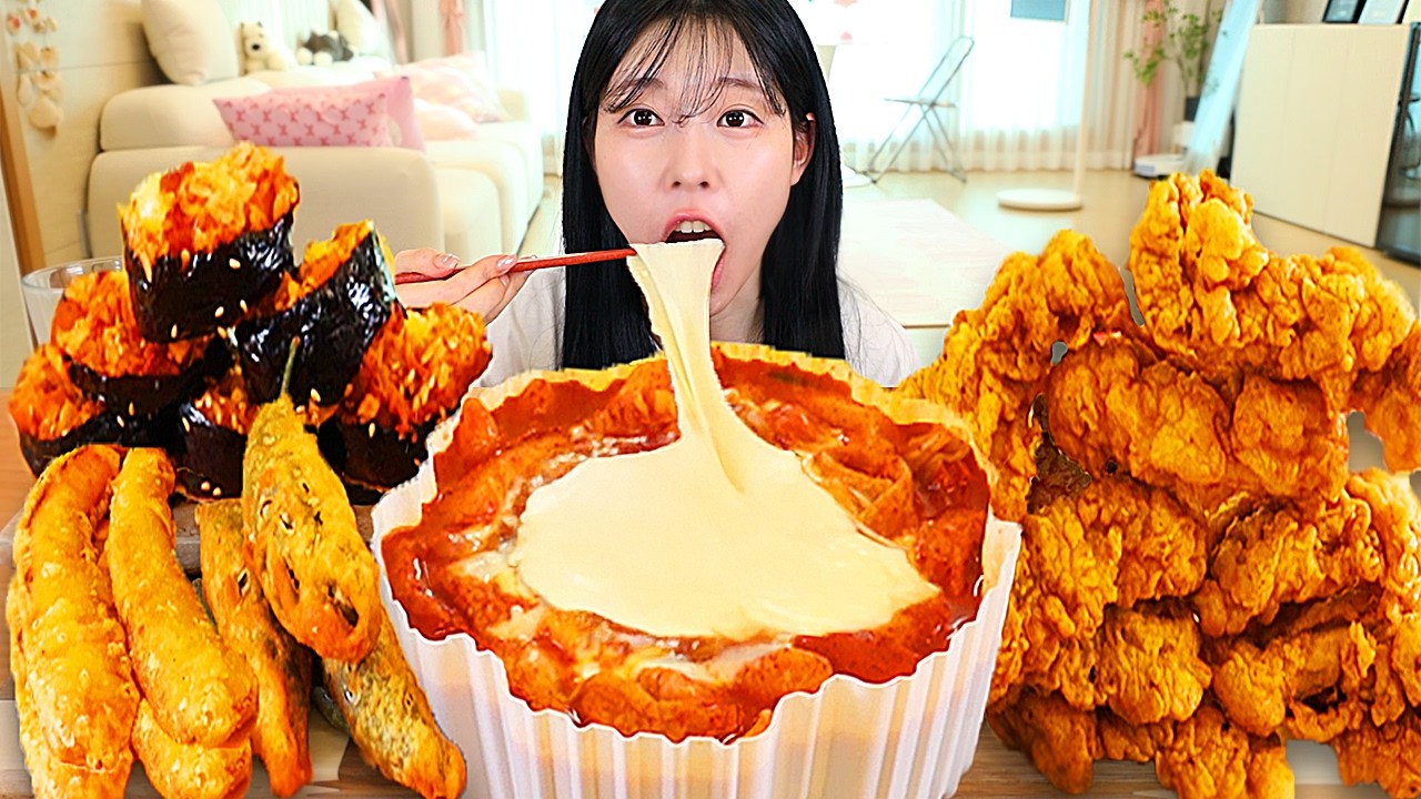 ASMR MUKBANG| 엽기 떡볶이 후라이드 치킨 김밥 튀김 먹방 & 레시피 FRIED CHICKEN AND Tteokbokki EATING