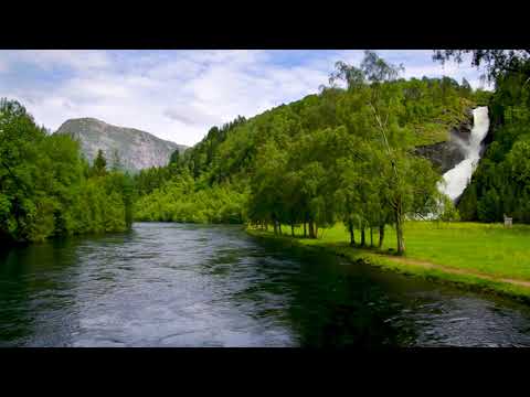 Scandinavian Mountains River Landscape 4k. Relaxing River Sounds from Mountain Waterfall 10 Hours .