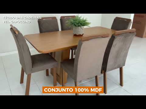 Video thumbnail of Mesa de Jantar Carolina Tampo 180cm MDF Canto Copo e 6 Cadeiras Melissa Moderna Mobilia