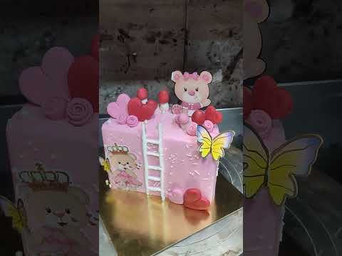 Strawberry flavour cake special half cake Mickey Mouse and butterfly and doll decoration designcake