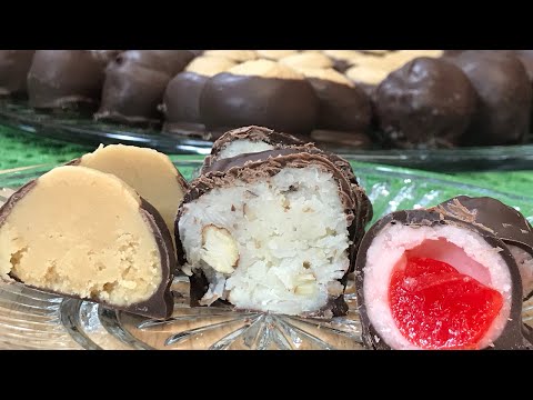 3 Christmas Candies. Peanut Butter Buckeyes. Coconut Bon Bons, Chocolate Covered Cherries