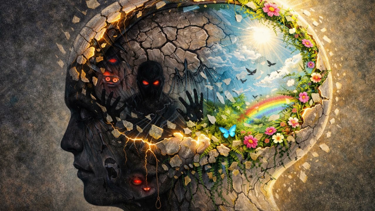 Illustration of a human head cracking open, one side dark and fractured, the other side blooming with flowers and light — cover art for the VOW - Psychosis video
